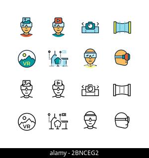 Virtual reality, virtual computer, visual communication innovation future technologies thin line icons vector set. Ilustration of virtual reality device, glasses game video Stock Vector