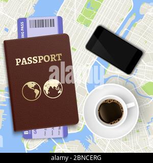 Travel vector concept. Top view coffee, map and passport with tickets. Illustration of vacation and travel, tourism and trip Stock Vector