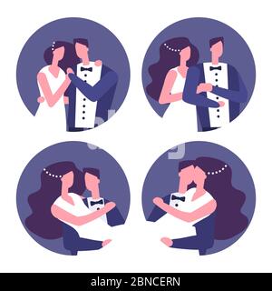 Couples in love, wedding couples vector icons. Illustration of love couple, wedding wife and groom Stock Vector