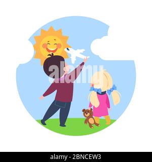Cartoon character little dreamers, boy and girl playing outside vector illustration. Girl and boy play with toys Stock Vector