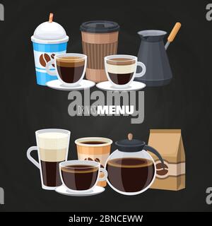 Drinks menu elements on blackboard - vector coffee shop flat design. Illustration of cup of coffee beverage, latte and americano Stock Vector