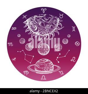 Color hand drawn astrology concept with Zodiac signs and planetary system vector illustration. Astrology and zodiac symbol horoscope Stock Vector