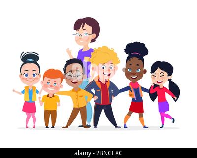 Happy international students group. Friendship vector concept. Student group teenager international and teacher woman illustration Stock Vector