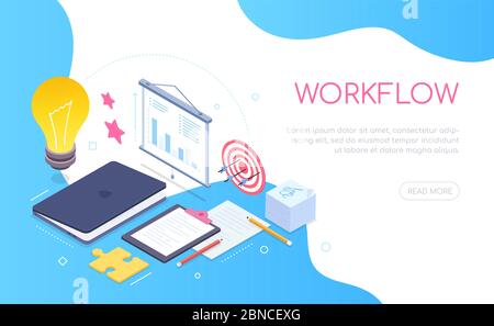 Workflow concept - modern colorful isometric web banner Stock Vector