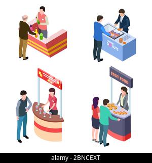 Isometric tasting food and drinks at promotional stands vector illustration. Promotion stand fast food, 3d distributor counter Stock Vector