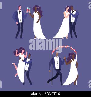 Interracial marriage, wedding couples vector characters. Couple marriage, love husband and bride illustration Stock Vector