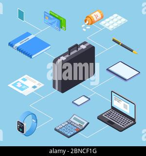 Business person suitcase and its contents isometric vector illustration. Briefcase with document, phone and credit card Stock Vector