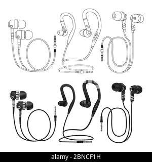 Outline and realistic earphones vector isolated on white background. Illustration of headphone for music Stock Vector