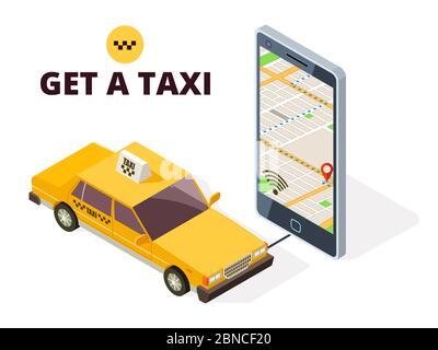 Isometric mobile taxi and gps city map. Navigation system for taxi and life with 3D smartphone and taxi car. City app taxi isometric, application location illustration Stock Vector