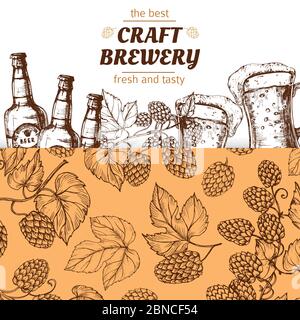 Craft brewery banner template with hand drawn hops and beer. Illustration of brewery beer alcohol, poster oktoberfest vintage Stock Vector