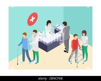 Isometric hospital registry, doctors, staff and patients vector illustration. Medical doctor and reception assistance Stock Vector