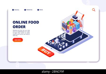 Grocery food delivery. Online order with mobile app. Internet food restaurant isometric concept. Delivery isometric from shop food illustration Stock Vector