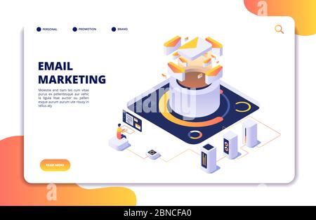 Email marketing. Mail automation strategy. Email outbound newsletter campaign, mailing spammer services isometric vector landing page. Automation digital service mailing illustration Stock Vector