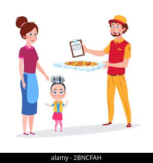 Baby girl and her mother rejoice pizza delivery vector illustration. Pizza delivery, courier service with box deliver Stock Vector