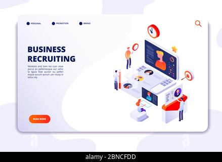 Recruitment agency landing pad. Human resources online recruitment and hiring 3d isometric vector concept. Illustration of recruitment job, candidate recruiting Stock Vector