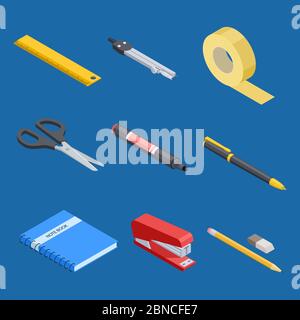 Isometric stationery and office tools vector elements. Illustration of office tool, stationery equipment Stock Vector