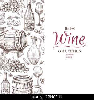 Hand drawn wine background. Wine bottles wineglass cask and grape border. Winery, restaurant vector menu template. Illustration of wine menu, bottle and cask Stock Vector