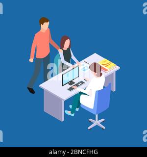 Woman and man visit a doctor. Couple at a fertility specialist isometric vector concept. Medical doctor and visit man and woman to hospital illustration Stock Vector