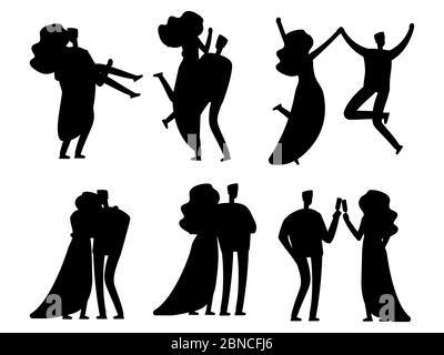 Happy married couples sihouettes vector design isolated. Silhouette couple black, wedding marriage female and male illustration Stock Vector