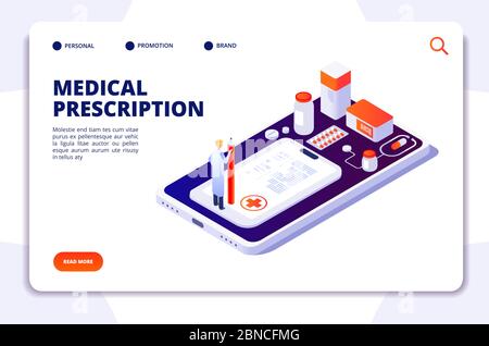 Pharmacy isometric landing page. Pharmacist and customer buying pills in drugstore. Medicine and healthcare vector 3d concept. Illustration of medical healthcare and medication consultation Stock Vector