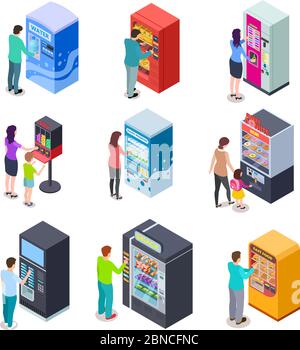 Isometric vending machine and people. Customers buy snacks, soda drinks and tickets in vending machines. 3d vector icons. Illustration of vending machine for selling beverage and food Stock Vector
