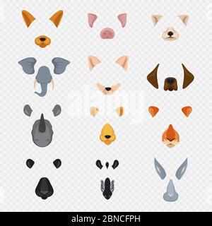 Video mobile chat animal faces. Cartoon animals masks isolated on transparent background. Vector face bunny and zebra, hare and tiger illustration Stock Vector