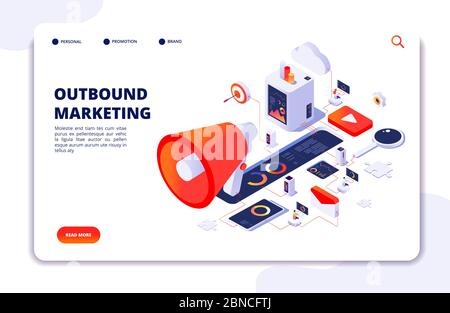 Outbound marketing. Seo pr roi crm online communication. Social media promotion landing vector webpage. Illustration of marketing optimization outbound Stock Vector