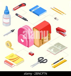 Vector illustration of isometric stationeries and school backpacks. Stationery collection marker and compasses, stapler and pencil Stock Vector