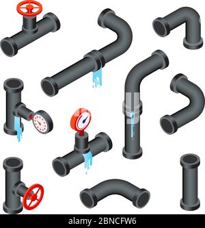 Broken pipes. Leaking water pipeline tubes. Leakage plumbing system 3d isometric vector isolated set. Illustration of pipeline plumbing, tube system leak Stock Vector