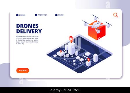 Drone logistics isometric concept. Future delivery technology, shipment with unmanned drones and quadcopter. Vector landing page transportation delivery, isometric drone service illustration Stock Vector