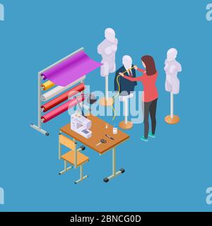 Sewing workshop, atelier and seamstress or designer isometric vector illustration. Sewing atelier, dummy mannequin, dressmaker and tailor Stock Vector