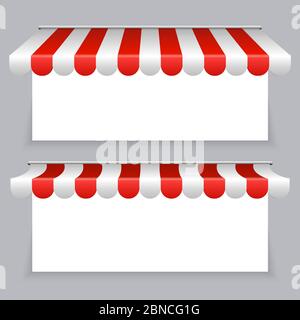 Vector banners with striped awning tents set. Illustration of awning canopy for storefront Stock Vector