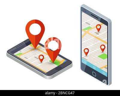 Isometric mobile city map app vector design. Illustration of navigation city map on smartphone Stock Vector