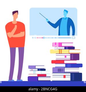 Self education with books and online courses vector concept. Illustration of education distance, e-learning video course Stock Vector