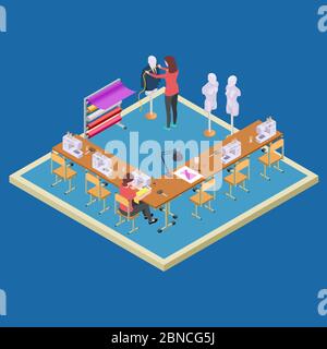 Coworking space for designers. Isometric atelier class vector concept. Illustration of atelier with dressmaker, studio of workshop Stock Vector