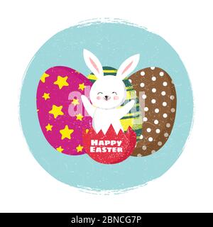 Happy easter card vector template with cartoon bunny and coloring eggs isolated on white illustration Stock Vector