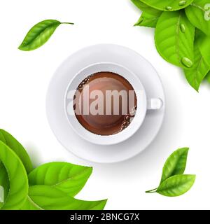 Tea time background template with realistic vector green leaves and top view cup of tea. Drink in mug, hot tea of cup illustration Stock Vector