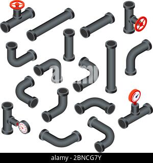 Isometric pipes. Water tubes, pipeline with valve. Oil, gas industry tube construction. Plastic plumbing system 3d vector isolated set. Illustration of pipeline plumbing plastic Stock Vector