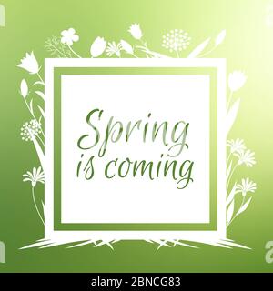 Spring is coming banner vector design with flowers sihouettes illustration isolated on green Stock Vector