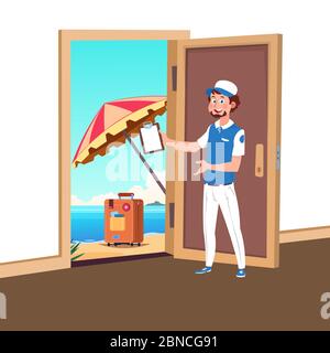 Welcome to travel vector concept with tourism manager and opened door to the beach illustration Stock Vector
