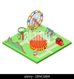 Isometric amusement park vector illustration isolated on white. Amusement isometric carousel and tent Stock Vector