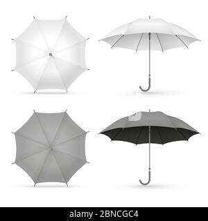 White and black realistic umbrellas isolated on white background. Illustration of umbrella protection, realistic accessory for safety water Stock Vector