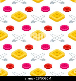 Sewing equpments, safety pins and buttons isometric seamless pattern background Stock Vector