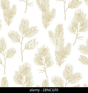 Hand drawn golden fir branches seamless pattern background on white backdrop illustration Stock Vector