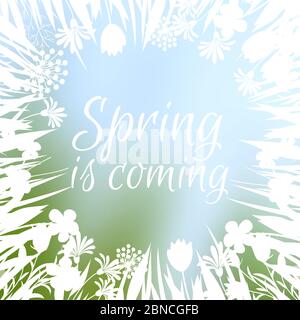 Spring flowers silhouettes frame, banner vector spring is coming background illustration Stock Vector