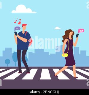 Cartoon man falls in love in woman on crosswalk vector illustration. Man and woman fall love, people romantic character Stock Vector