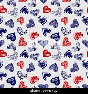 Doodle ballpoint pen drawing colored hearts seamless pattern vector illustration Stock Vector