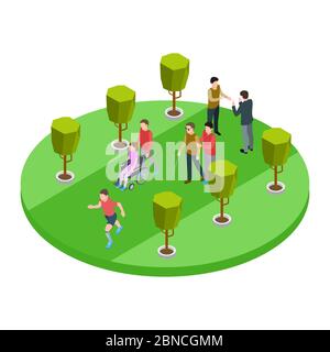 Volunteers and disabled people walk and talk isometric vector concept illustration Stock Vector