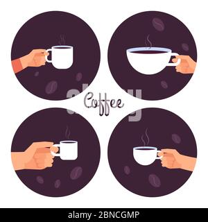 Hands holding cups of coffee vector icons set isolated on white background illustration Stock Vector