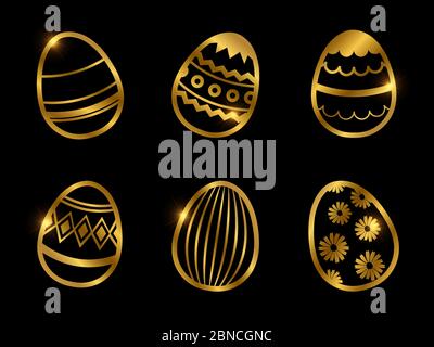 Golden decorative eggs icons isolated on black background. Vector illustration Stock Vector